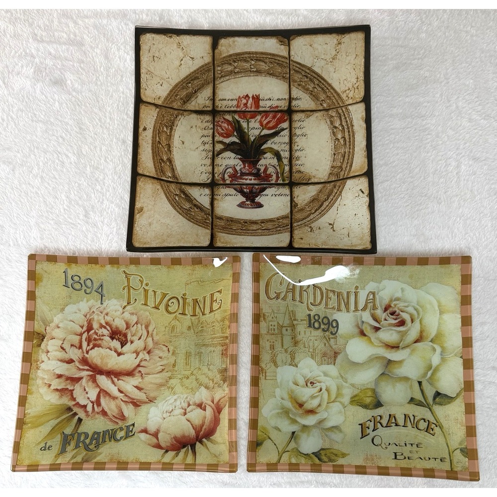 3 Decorative Plates Square Glass French France Vintage Floral Flowers Theme EUC